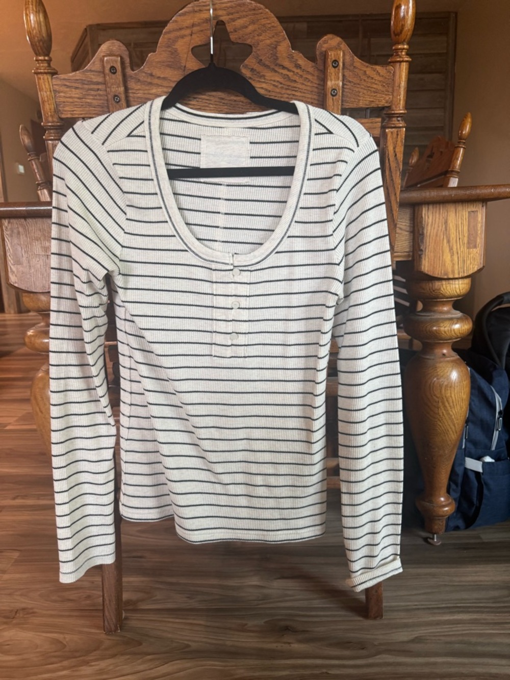 aerie White Long-Sleeve Ribbed Henley Top with Black Stripes
